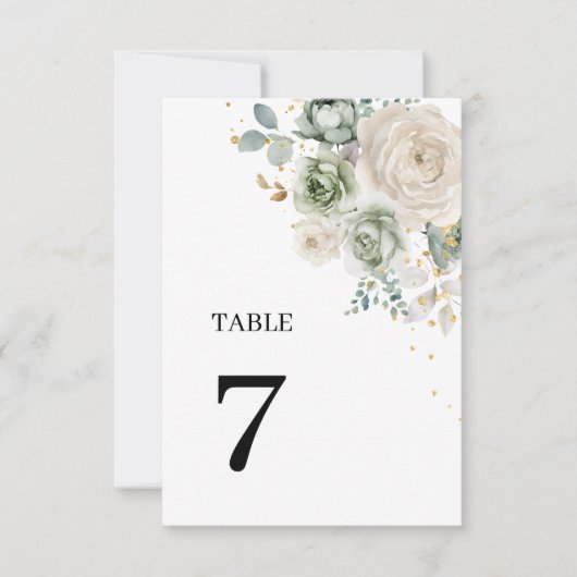 Sage Groene & Witte Bloemen Trouwtafel Nummers 7 Kaart (Voorkant)