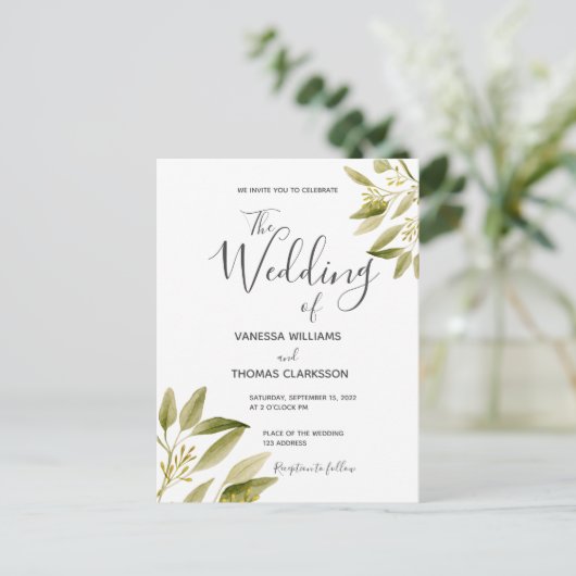 Sage-groene witte botanische bruiloft briefkaart (Staand voorkant)