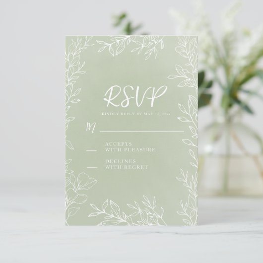 Sage Groene Witte Botanische Tuin Trouwen RSVP Kaartje (Staand voorkant)