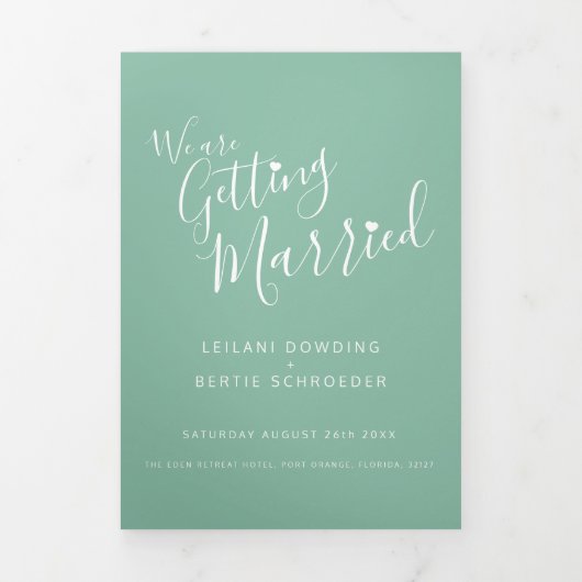 Sage-groene witte kleine hartbruiloft, all-in-one drieluik uitnodiging (Cover)