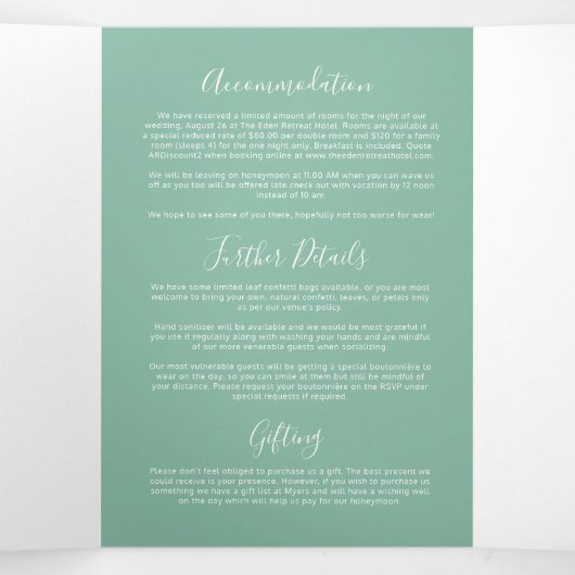 Sage-groene witte kleine hartbruiloft, all-in-one drieluik uitnodiging (Binnenkant midden)