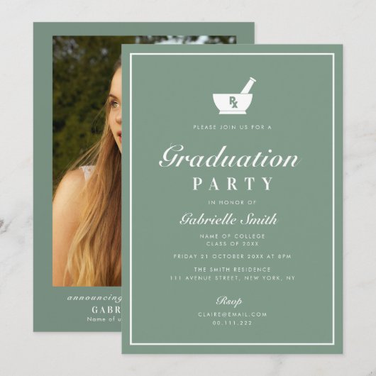 Sage Groene Witte lijst Apotheek Afstudeerfeest Kaart (Voorkant / Achterkant)