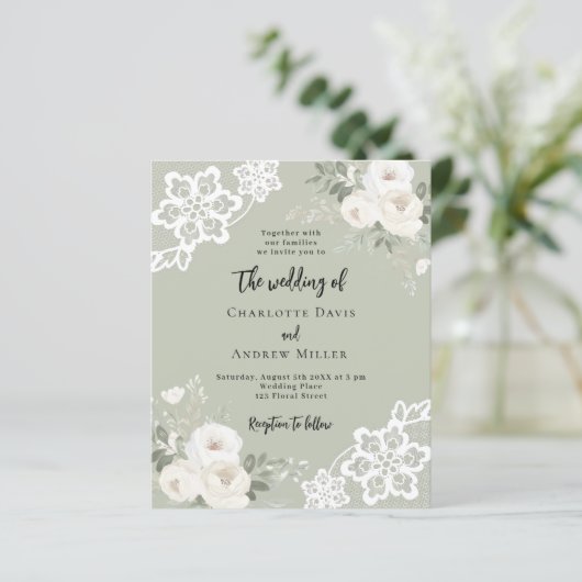 Sage groene witte rozen groen bruiloft uitnodiging (Staand voorkant)