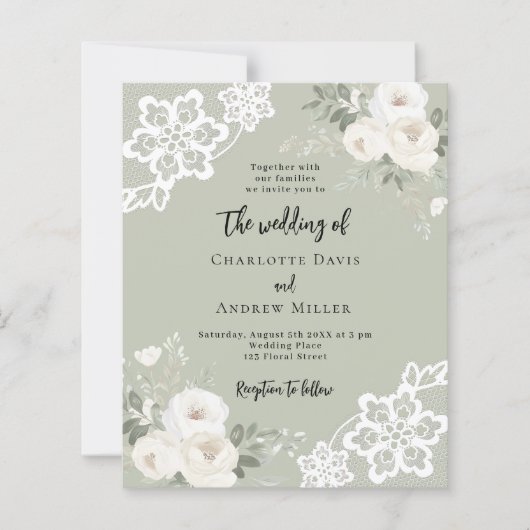 Sage groene witte rozen groen bruiloft uitnodiging (Voorkant)