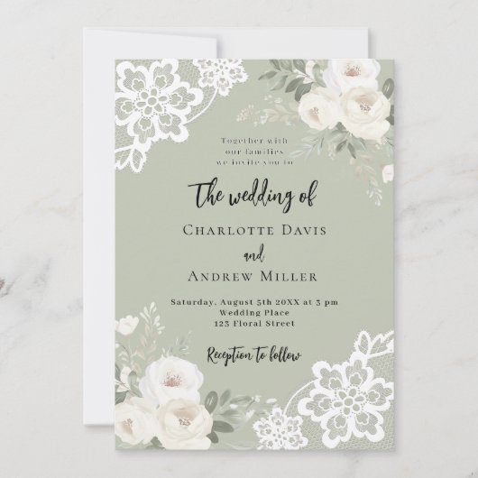 Sage groene witte rozen groen groen bruiloft kaart (Voorkant)