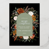 Sage groene zwarte bloemetjes moderne kerstmis folie feestdagenkaart (Voorkant)