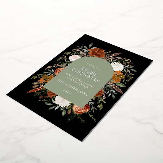 Sage groene zwarte bloemetjes moderne kerstmis folie feestdagenkaart (Gedraaid)