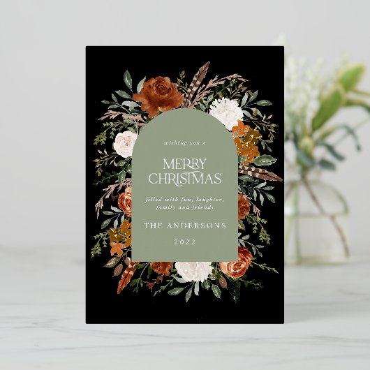 Sage groene zwarte bloemetjes moderne kerstmis folie feestdagenkaart (Staand Voorkant)