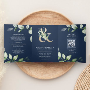 Sage Groenery Goud Ampersand QR Code Navy Huwelijk Drieluik Uitnodiging