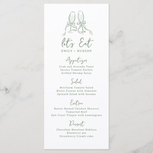 Sage Hand Drawn Cheers Glasses Whimsical Wedding Menu (Voorkant)