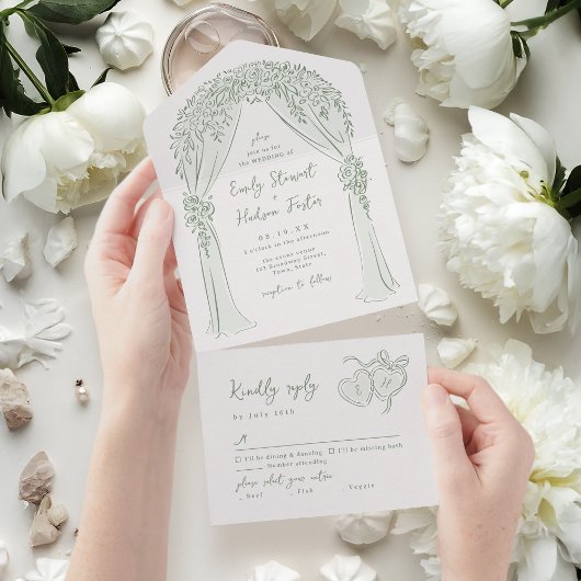 Sage Hand Drawn Floral Arch Whimsical Wedding All In One Uitnodiging