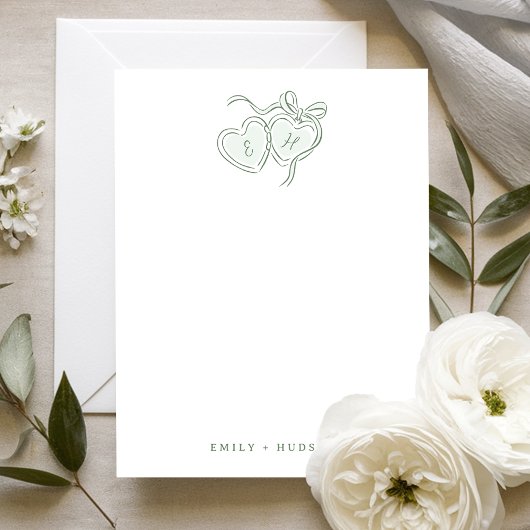 Sage Hand Drawn Hearts Monogram Personalized Notitiekaartje