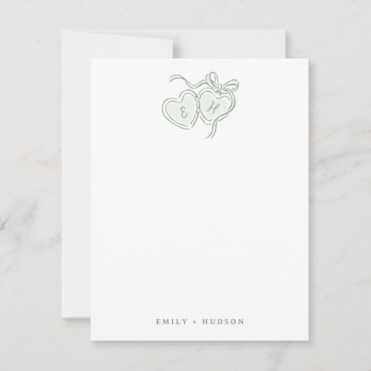 Sage Hand Drawn Hearts Monogram Personalized Notitiekaartje (Voorkant)