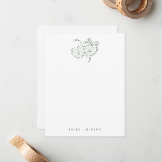 Sage Hand Drawn Hearts Monogram Personalized Notitiekaartje (Voorkant / Achterkant in situ)