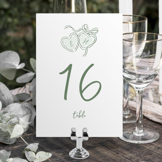 Sage Hand Drawn Hearts Monogram Whimsical Wedding Kaart
