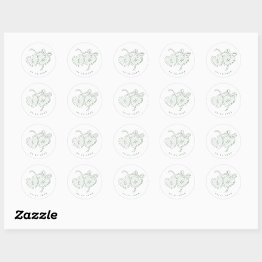 Sage Hand Drawn Hearts Monogram Whimsical Wedding Ronde Sticker (Vel)
