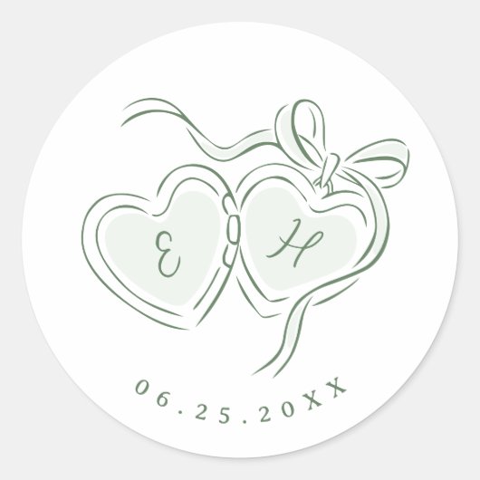 Sage Hand Drawn Hearts Monogram Whimsical Wedding Ronde Sticker (Voorkant)