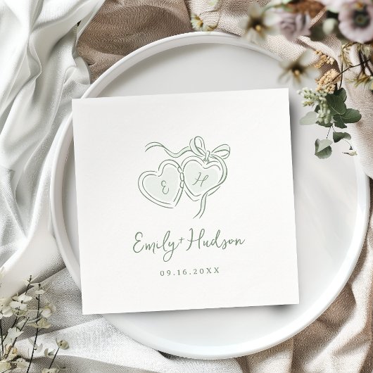 Sage Hand Drawn Hearts Monogram Whimsical Wedding Servet