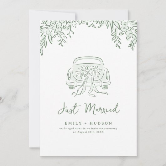 Sage Hand Drawn Just Married Car Whimsical Kaart (Voorkant)
