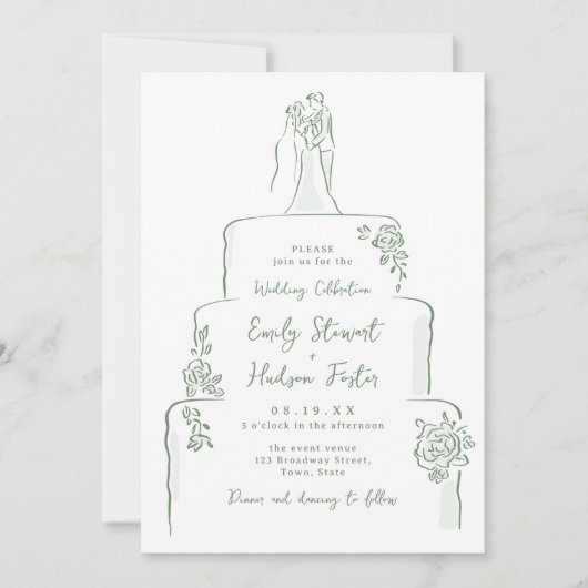 Sage Hand Drawn Wedding Cake Whimsical Kaart (Voorkant)