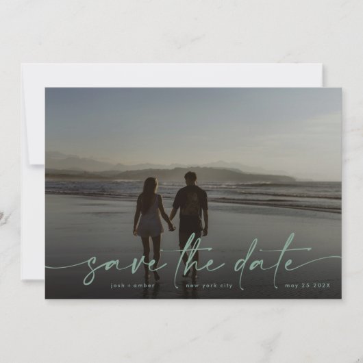 Sage Hand geschreven Moderne Foto Green Zee Foam Save The Date (Voorkant)