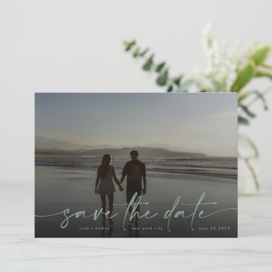 Sage Hand geschreven Moderne Foto Green Zee Foam Save The Date (Staand voorkant)