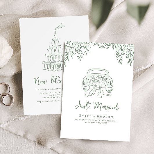 Sage Hand Getekende Net Getrouwd Auto Whimsical Kaart