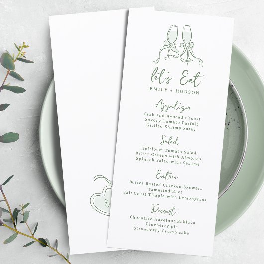 Sage Hand Getekende Proost Glazen Whimsical Bruilo Menu