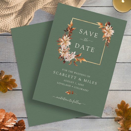 Sage Herfst Waterverf Floral Gold Lijst Wedding Save The Date