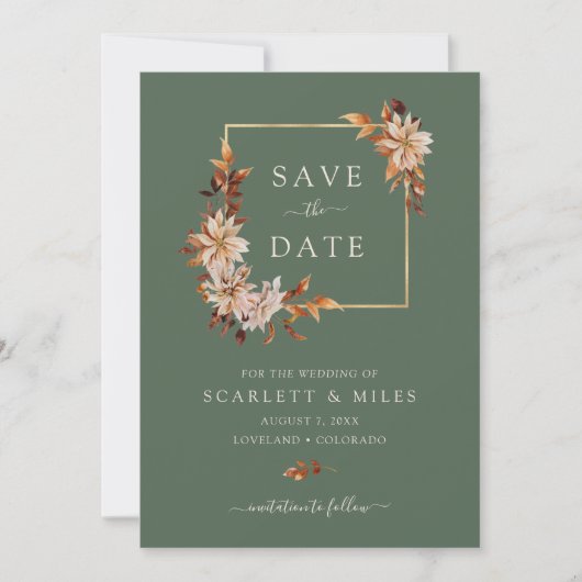 Sage Herfst Waterverf Floral Gold Lijst Wedding Save The Date (Voorkant)