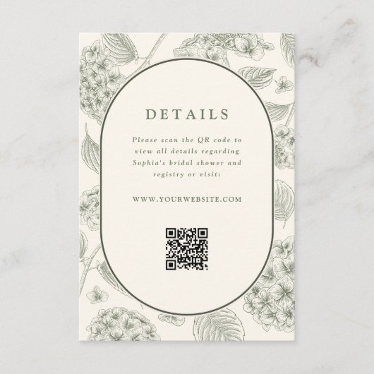 Sage Hydrangea Huwelijksdetails QR-code Informatiekaartje (Voorkant)