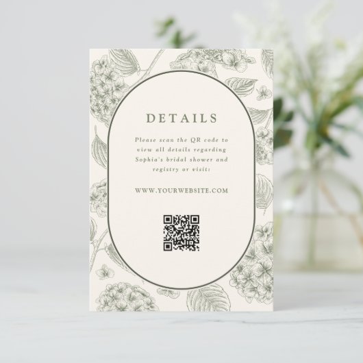 Sage Hydrangea Wedding Details QR Code Informatiekaartje (Staand voorkant)