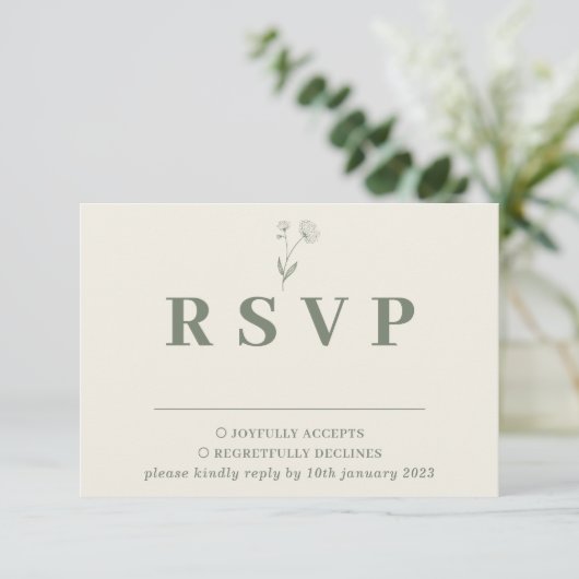 Sage Ivoor Beige Katoen Bloemen Bruiloft Reactie RSVP Kaartje (Staand voorkant)