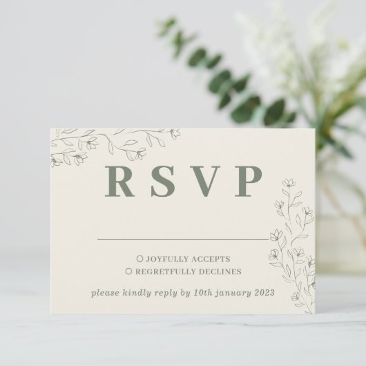 Sage Ivoor Beige Tiny Floral Wedding Reactie RSVP Kaartje (Staand voorkant)