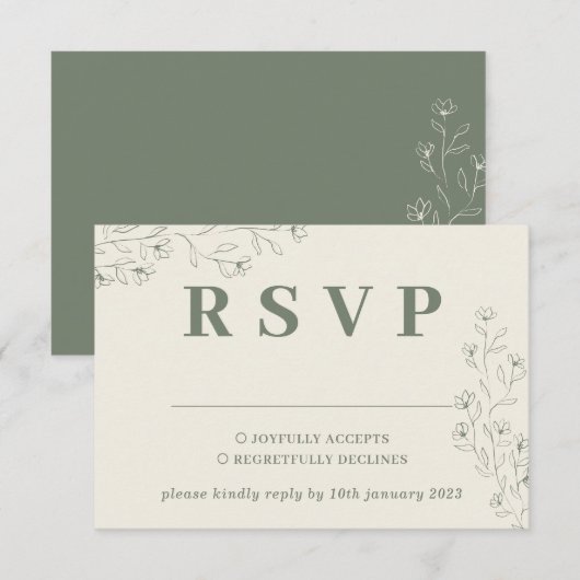 Sage Ivoor Beige Tiny Floral Wedding Reactie RSVP Kaartje (Voorkant / Achterkant)