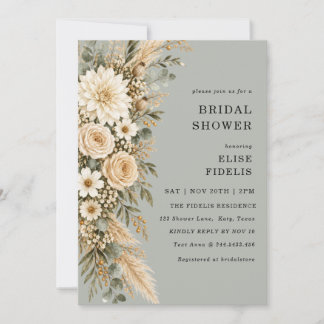 Sage & Ivory Bloemen Pampas Bruidsuitnodiging Kaart