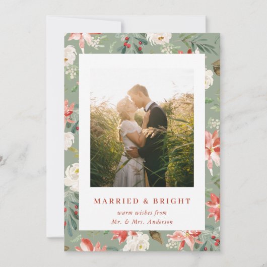 Sage Kerstmis Bloemen Getrouwd en Bright Pas getro Feestdagenkaart (Voorkant)