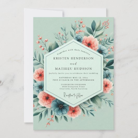 Sage Koraal Whimsical Bloom Bruiloft Kaart (Voorkant)