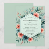 Sage Koraal Whimsical Bloom Bruiloft Kaart (Voorkant / Achterkant)