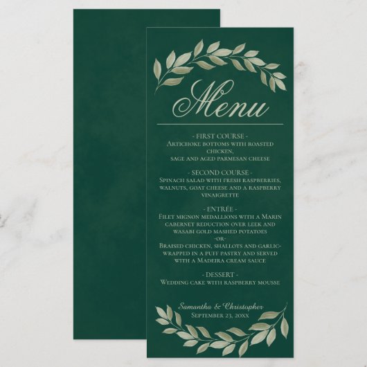 Sage Laurel Leaves Rustic Emerald Green Wedding Menu (Voorkant / Achterkant)