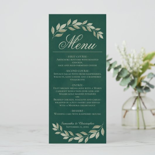 Sage Laurel Leaves Rustic Emerald Green Wedding Menu (Staand voorkant)
