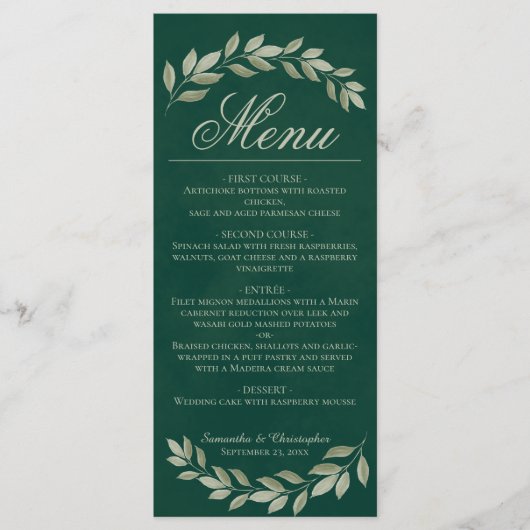 Sage Laurel Leaves Rustic Emerald Green Wedding Menu (Voorkant)