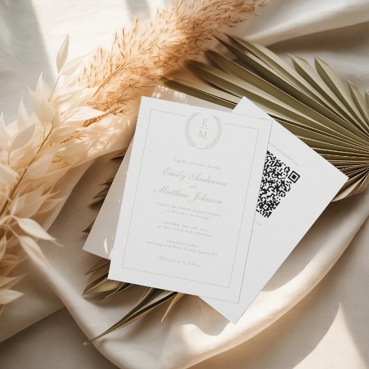 Sage Laurel Monogram Wedding Invitation QR Code Kaart