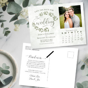 Sage Leaves Foto & Agenda Wedding Sla de datum op Aankondigingskaart
