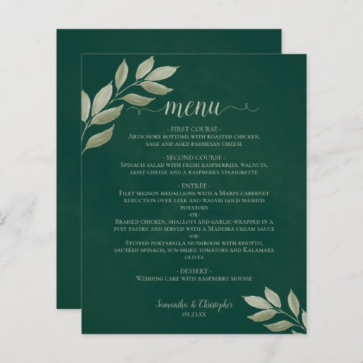 Sage Leaves on Emerald Budget Wedding Menu (Voorkant / Achterkant)