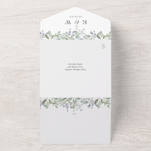 Sage Lila Bloem Gouden Geometrische QR Code Trouwf All In One Uitnodiging (Buitenkant)