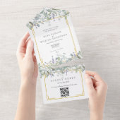 Sage Lila Bloem Gouden Geometrische QR Code Trouwf All In One Uitnodiging (Afscheurbaar)