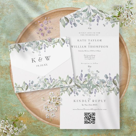 Sage Lila Bloem Monogram QR Code Bruiloft All In One Uitnodiging