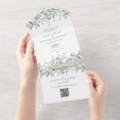 Sage Lila Bloem Monogram QR Code Bruiloft All In One Uitnodiging (Afscheurbaar)