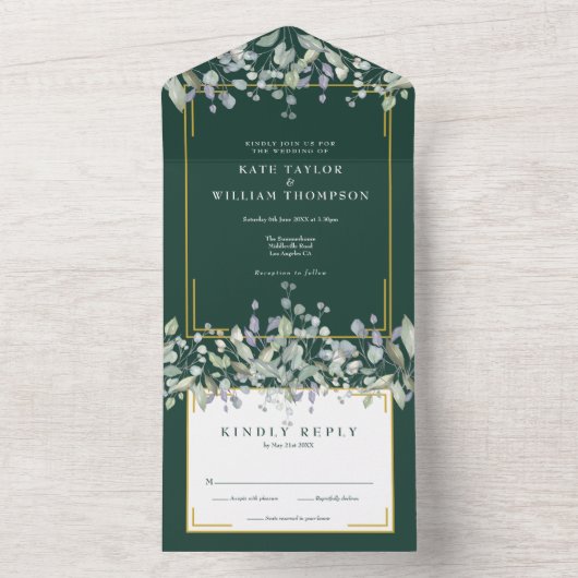 Sage Lila Foliage Emerald Monogram Weddenschap All In One Uitnodiging (Binnen)